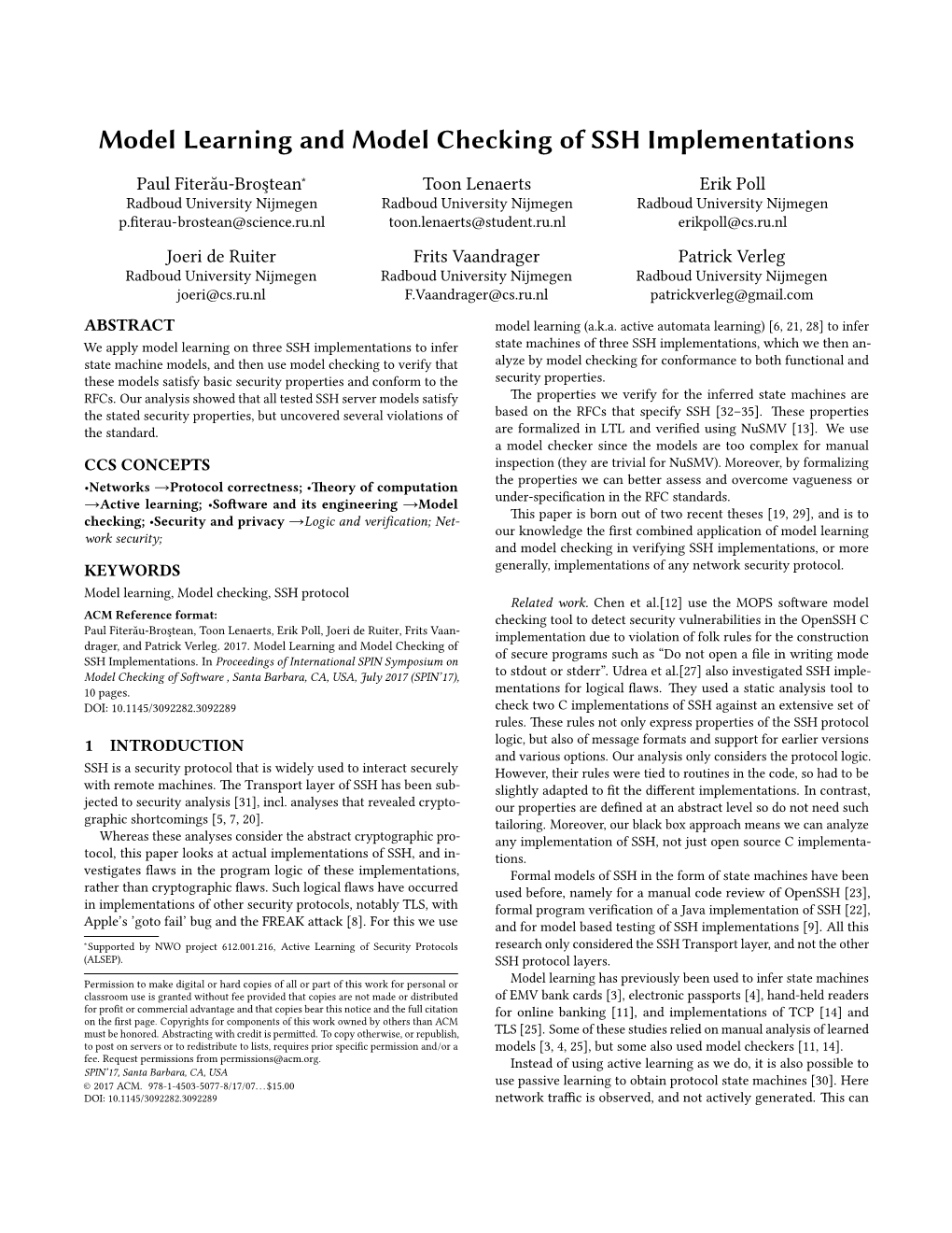 Model Learning and Model Checking of SSH Implementations