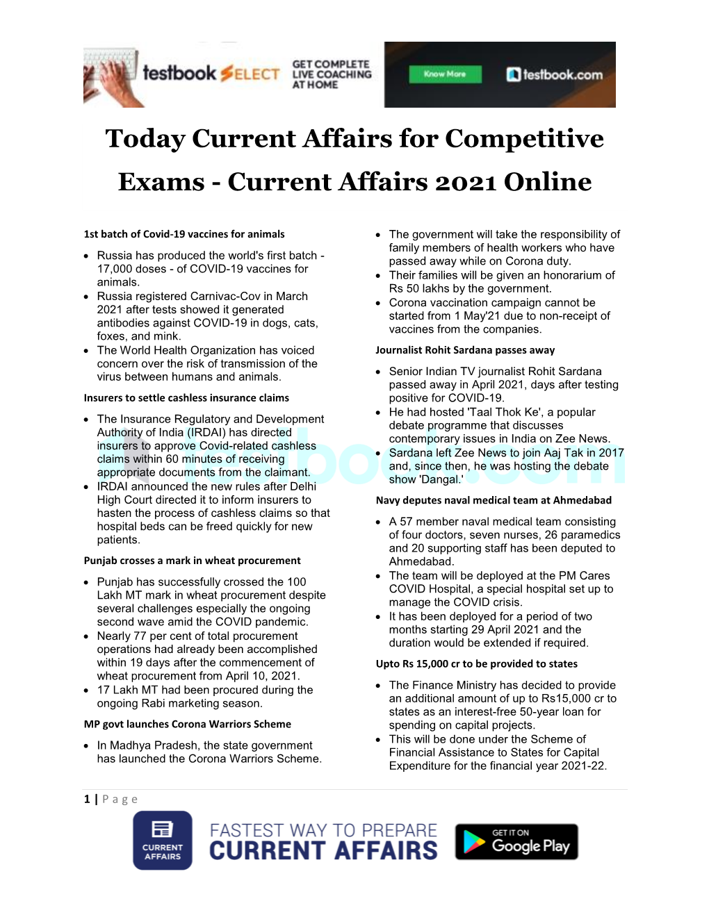Today Current Affairs for Competitive Exams - Current Affairs 2021 Online