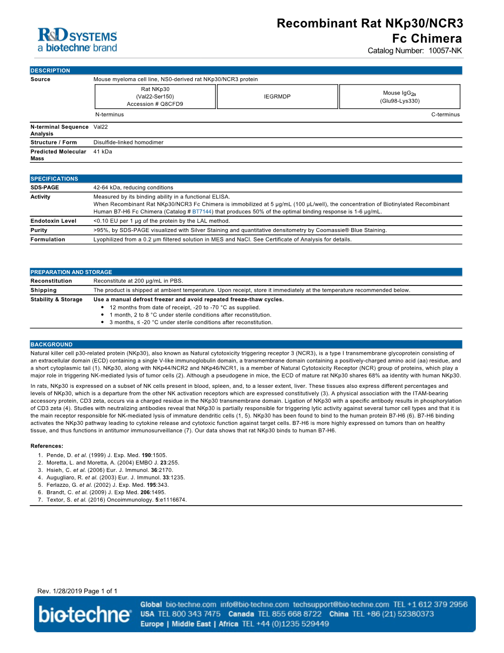 Recombinant Rat Nkp30/NCR3 Fc Chimera Catalog Number: 10057-NK