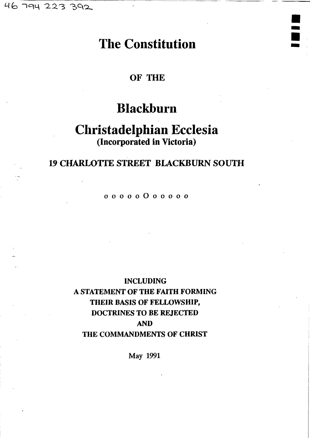 The Constitution Blackburn Christadelphian Ecclesia