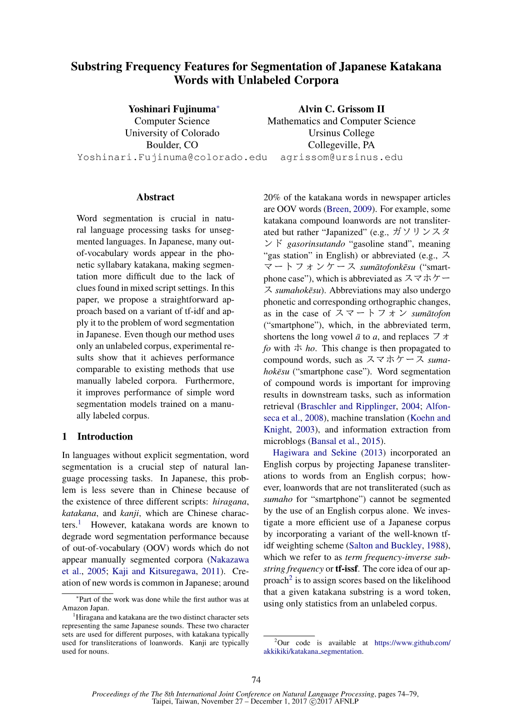 Substring Frequency Features for Segmentation of Japanese Katakana Words with Unlabeled Corpora