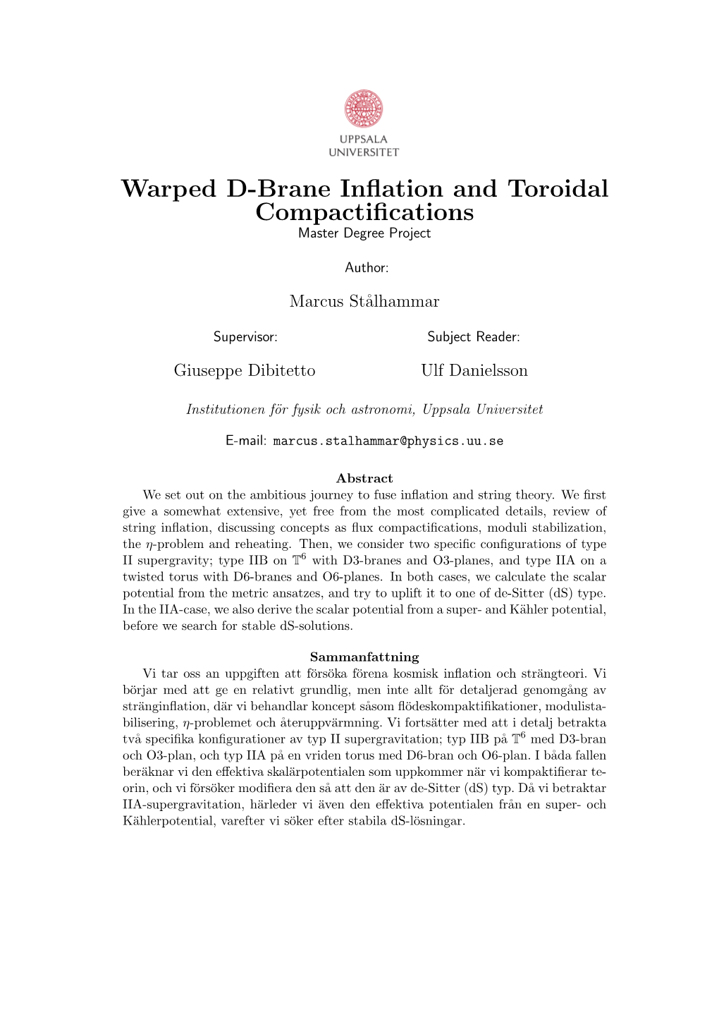 Warped D-Brane Inflation and Toroidal Compactifications