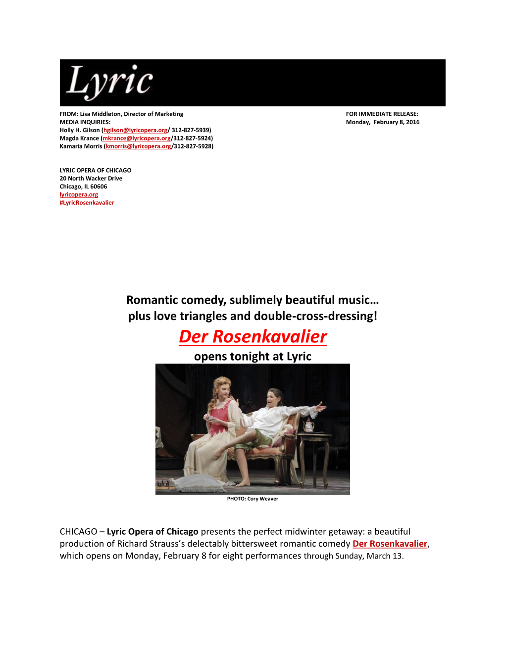 Der Rosenkavalier Opens Tonight at Lyric