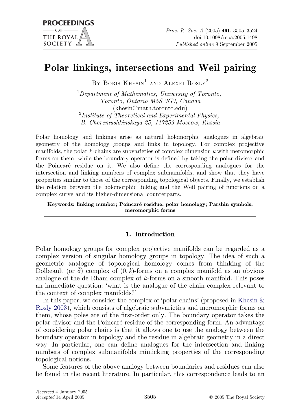 Polar Linkings, Intersections and Weil Pairing