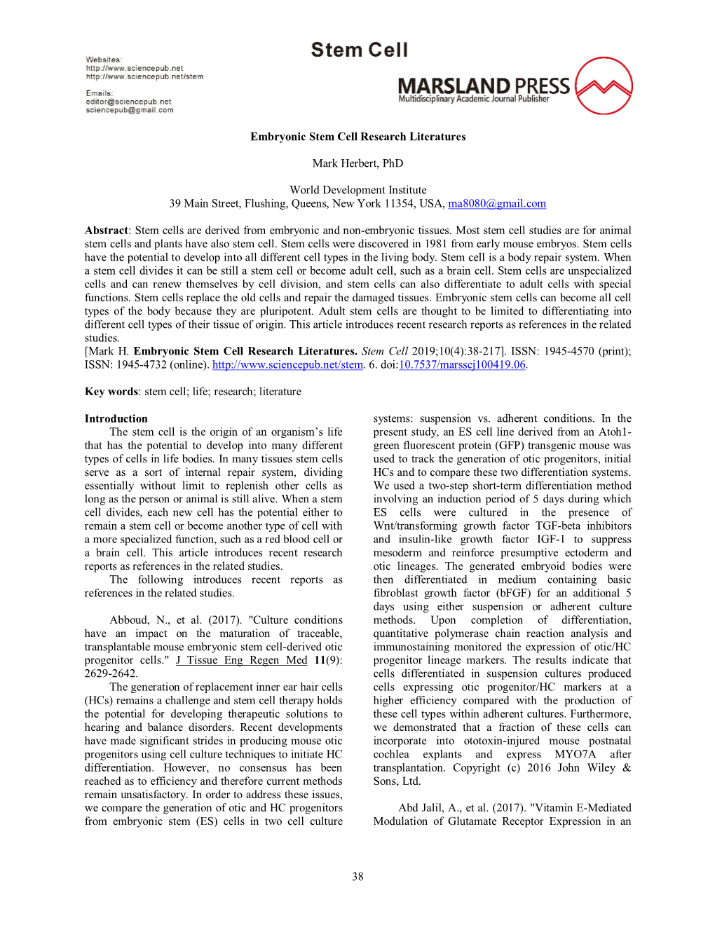 38 Embryonic Stem Cell Research Literatures Mark Herbert, Phd