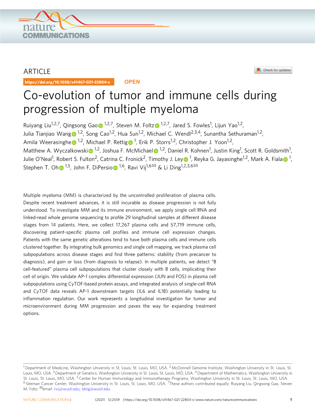 Co-Evolution of Tumor and Immune Cells During Progression of Multiple Myeloma