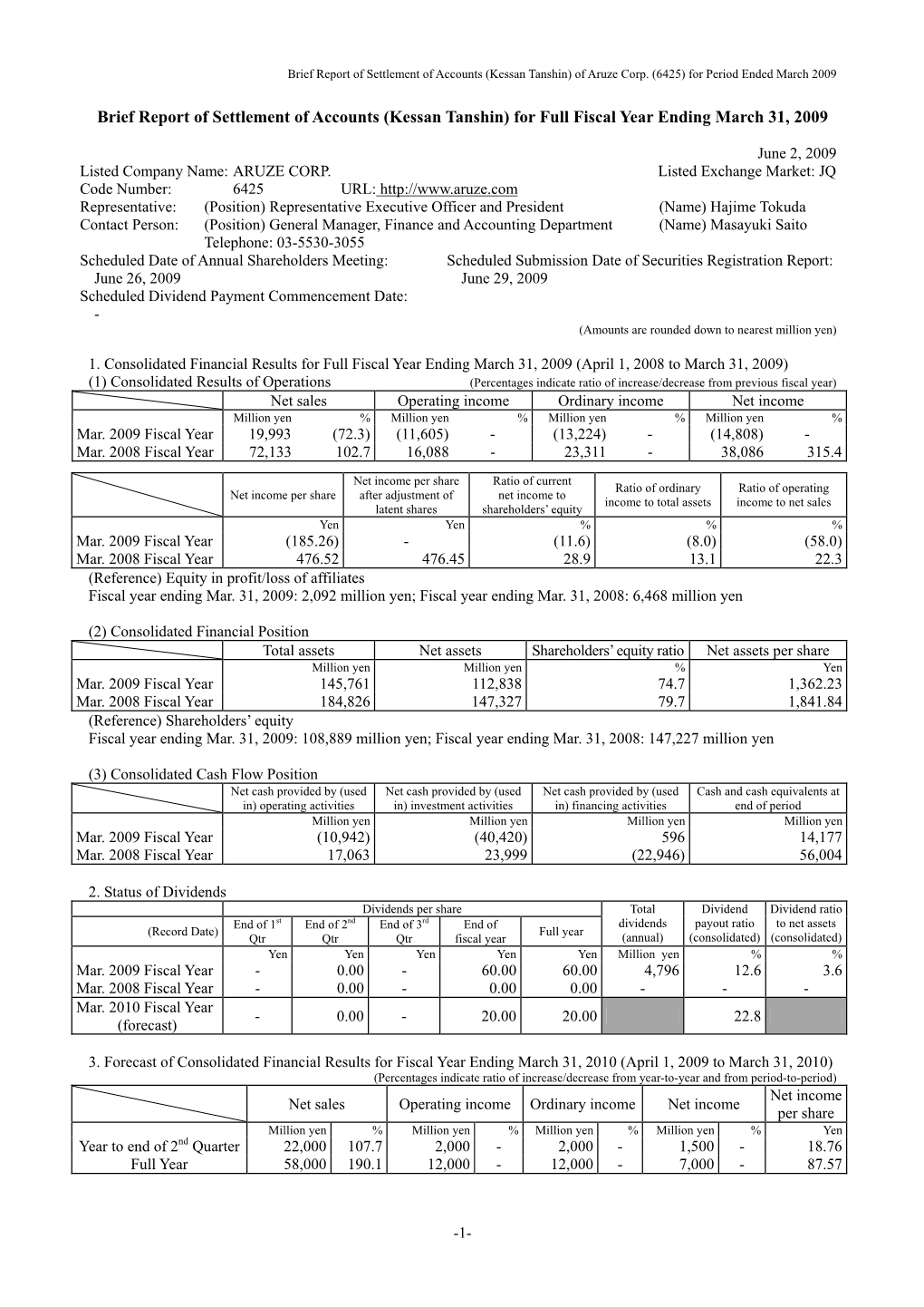 Brief Report of Settlement of Accounts (Kessan Tanshin) for Full Fiscal Year Ending March 31, 2009