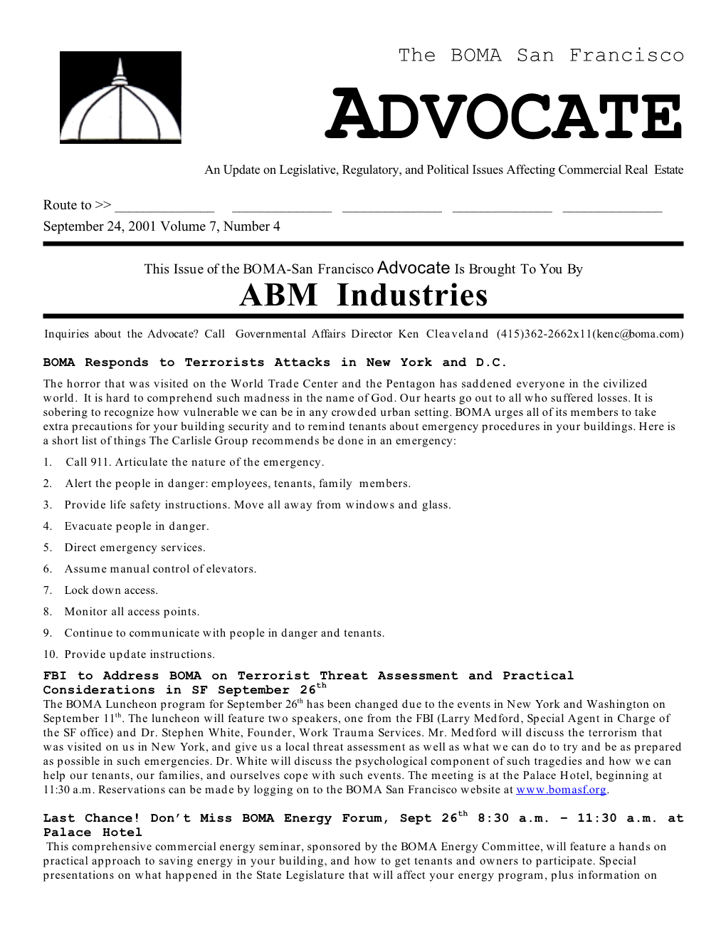 ADVOCATE an Update on Legislative, Regulatory, and Political Issues Affecting Commercial Real Estate