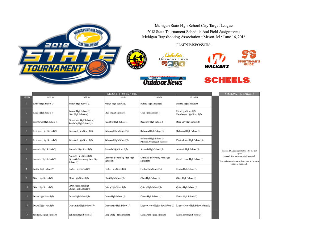 Michigan State High School Clay Target League 2018 State Tournament Schedule and Field Assignments Michigan Trapshooting Association • Mason, MI • June 16, 2018