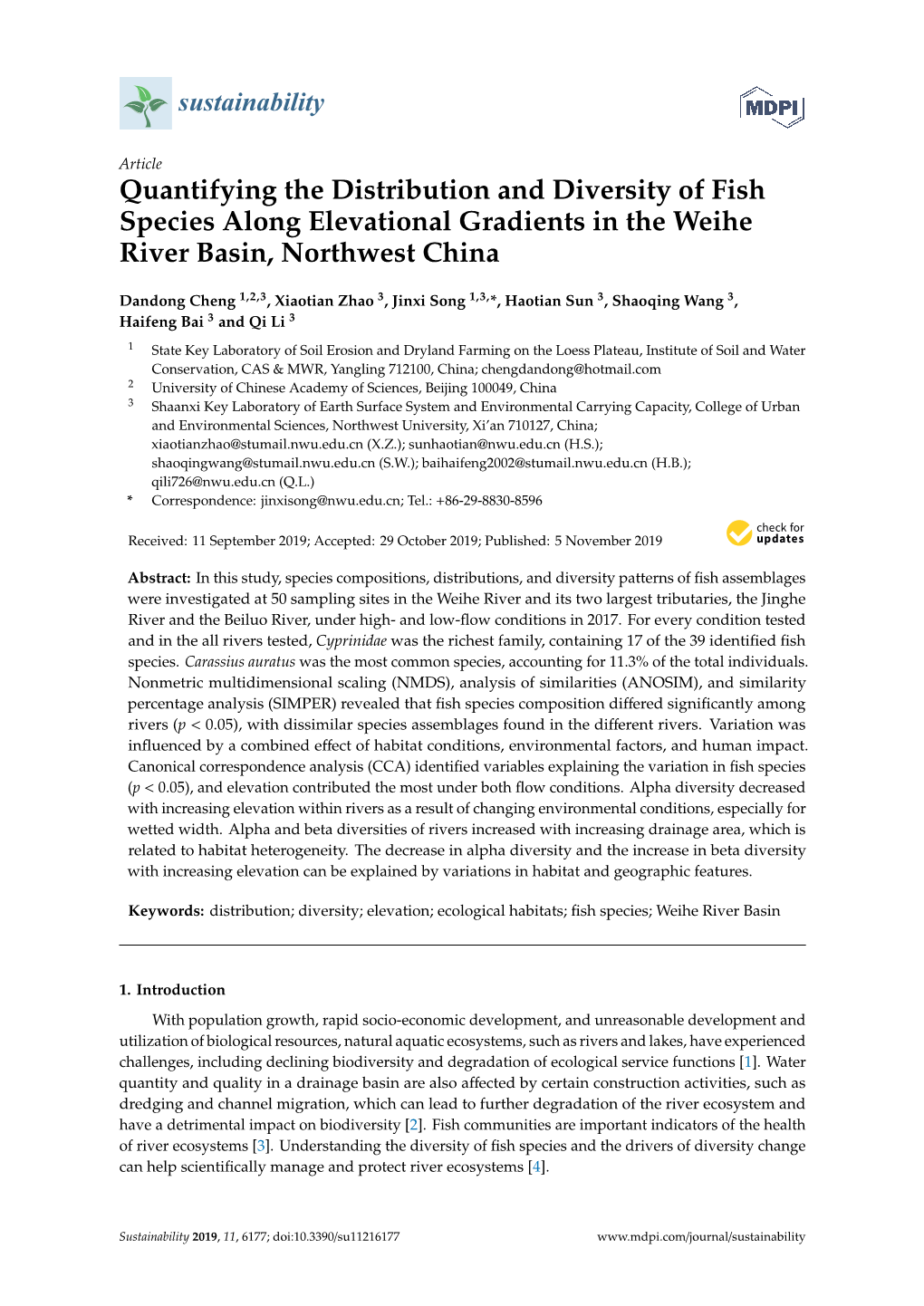 Quantifying the Distribution and Diversity of Fish Species Along Elevational Gradients in the Weihe River Basin, Northwest China