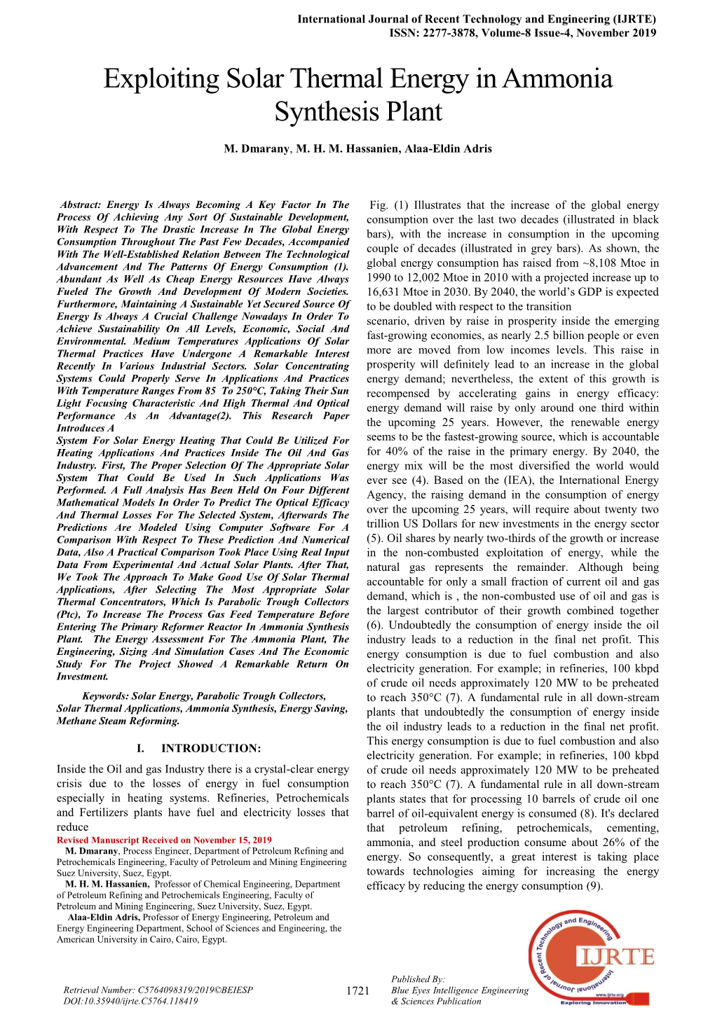 Exploiting Solar Thermal Energy in Ammonia Synthesis Plant