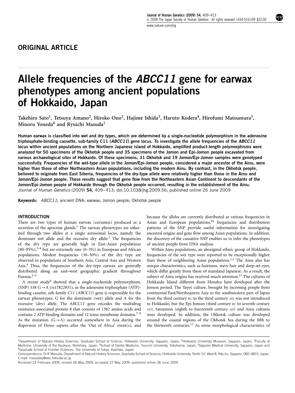 Allele Frequencies of the ABCC11 Gene for Earwax Phenotypes Among Ancient Populations of Hokkaido, Japan