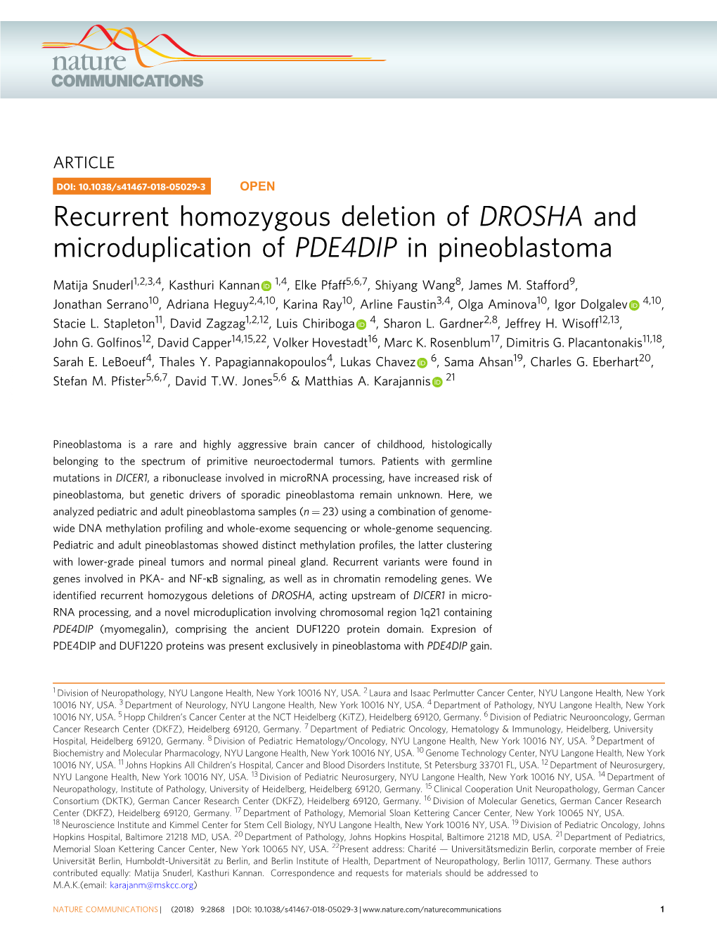 Recurrent Homozygous Deletion of DROSHA and Microduplication of PDE4DIP in Pineoblastoma