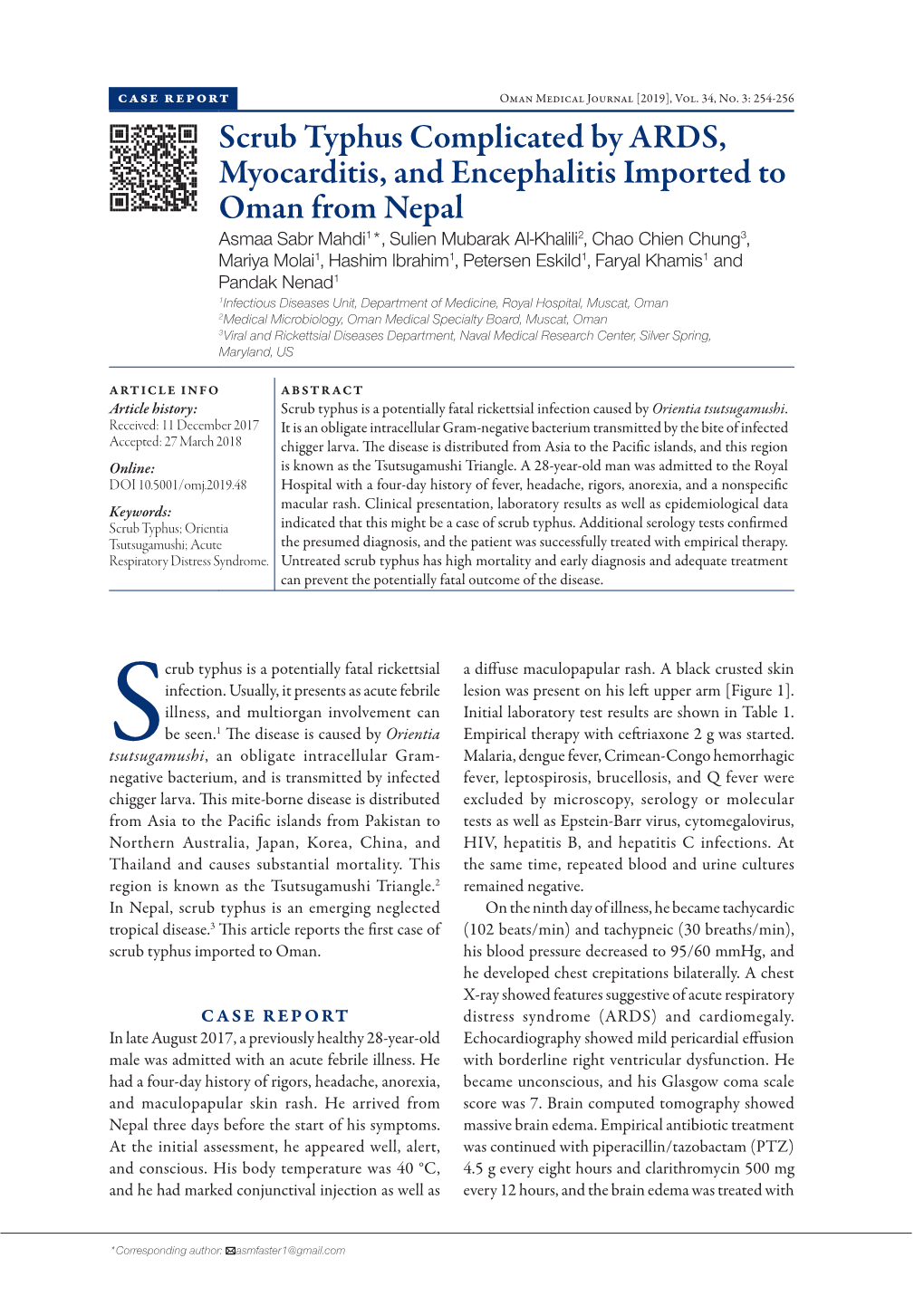 Scrub Typhus Complicated by ARDS, Myocarditis, and Encephalitis Imported to Oman from Nepal