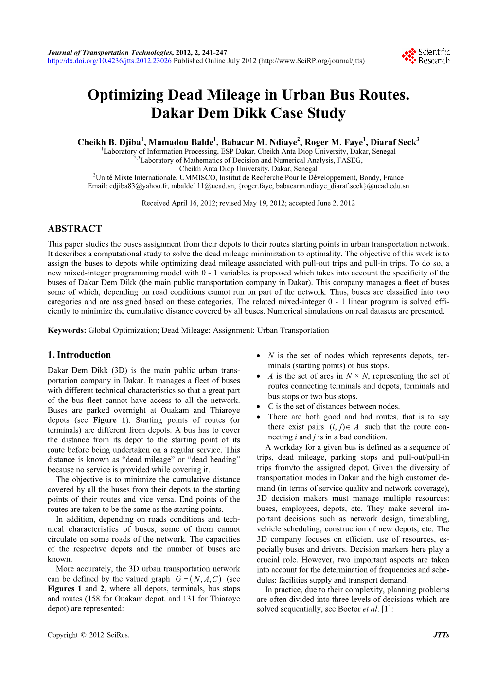 Optimizing Dead Mileage in Urban Bus Routes. Dakar Dem Dikk Case Study