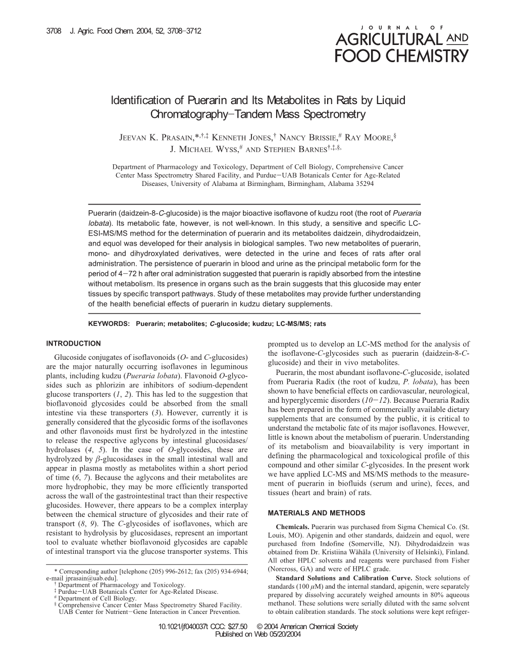 Identification of Puerarin and Its Metabolites in Rats by Liquid Chromatography−Tandem Mass Spectrometry