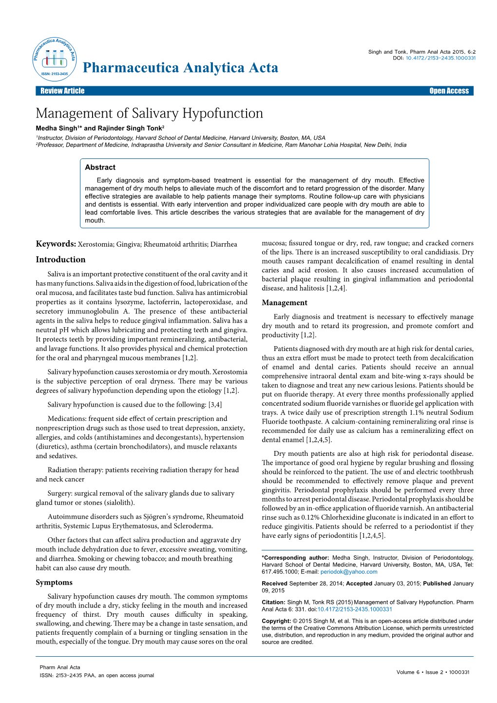 Management of Salivary Hypofunction