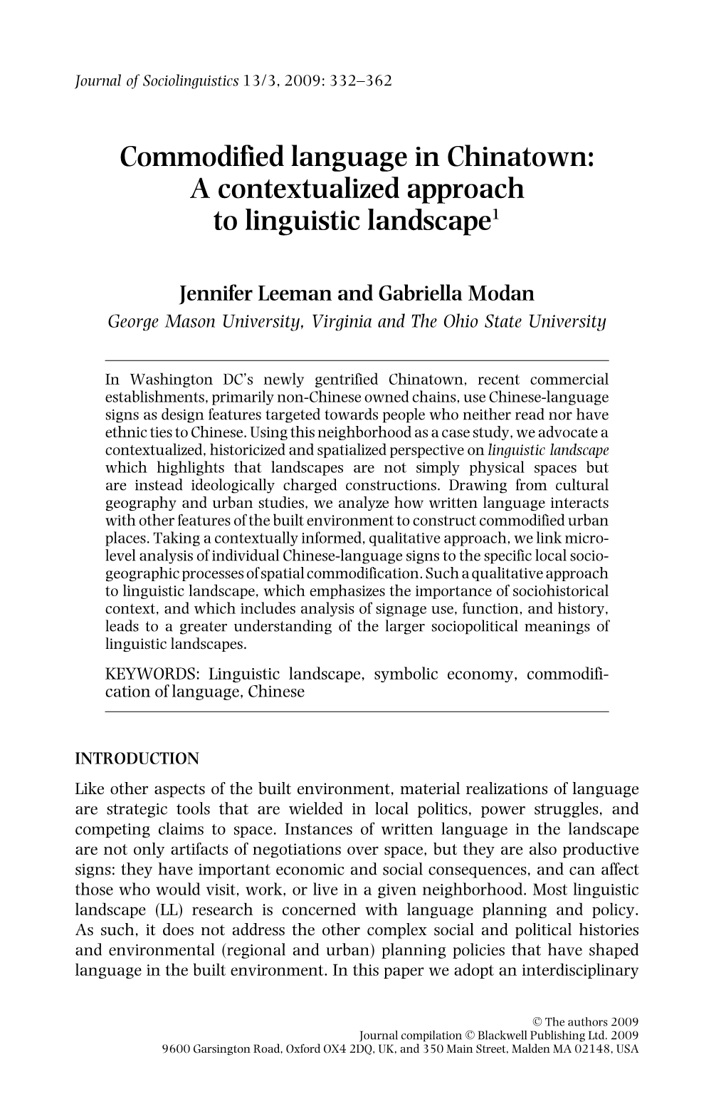 Commodified Language in Chinatown: a Contextualized Approach to Linguistic Landscape1