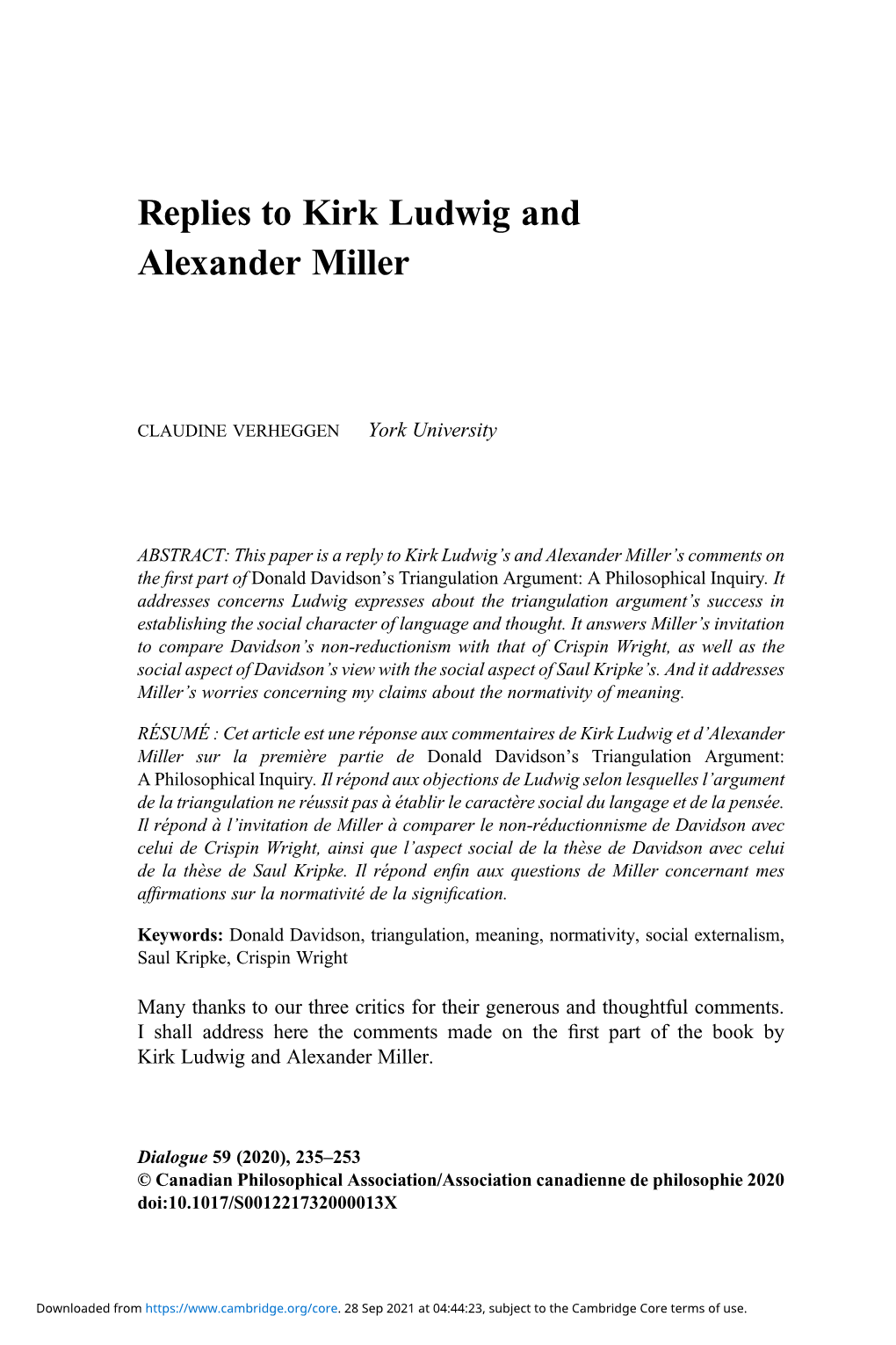 Replies to Kirk Ludwig and Alexander Miller