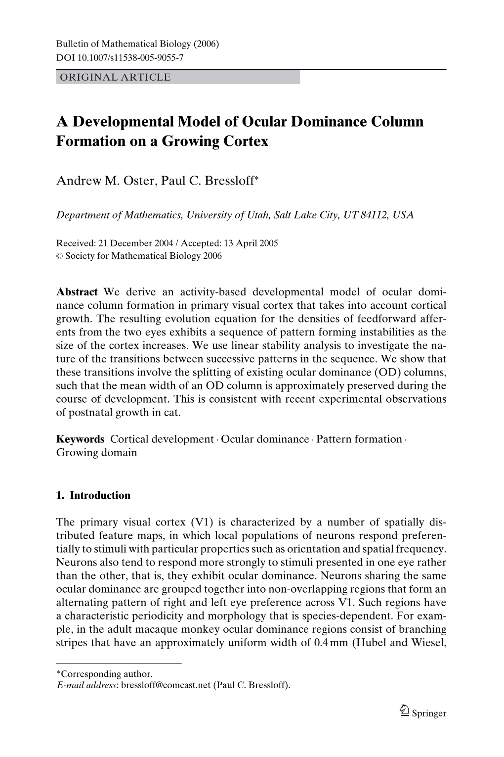 A Developmental Model of Ocular Dominance Column Formation on a Growing Cortex