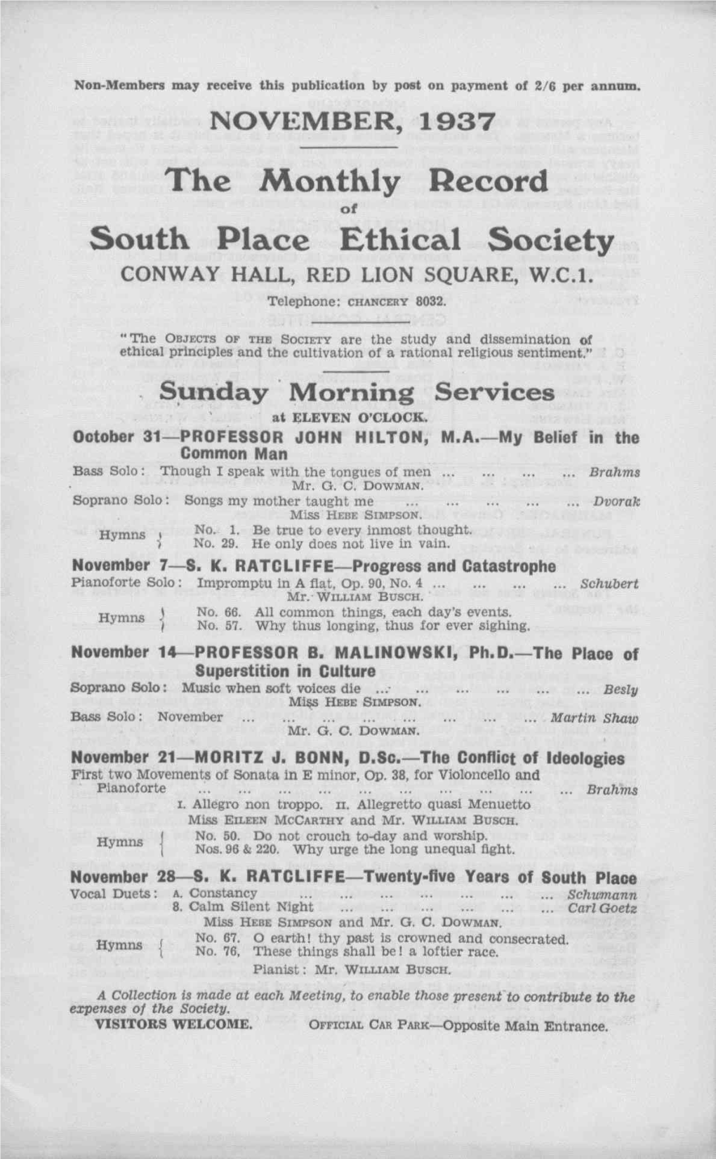 The Monthly Record South Place Ethical Society