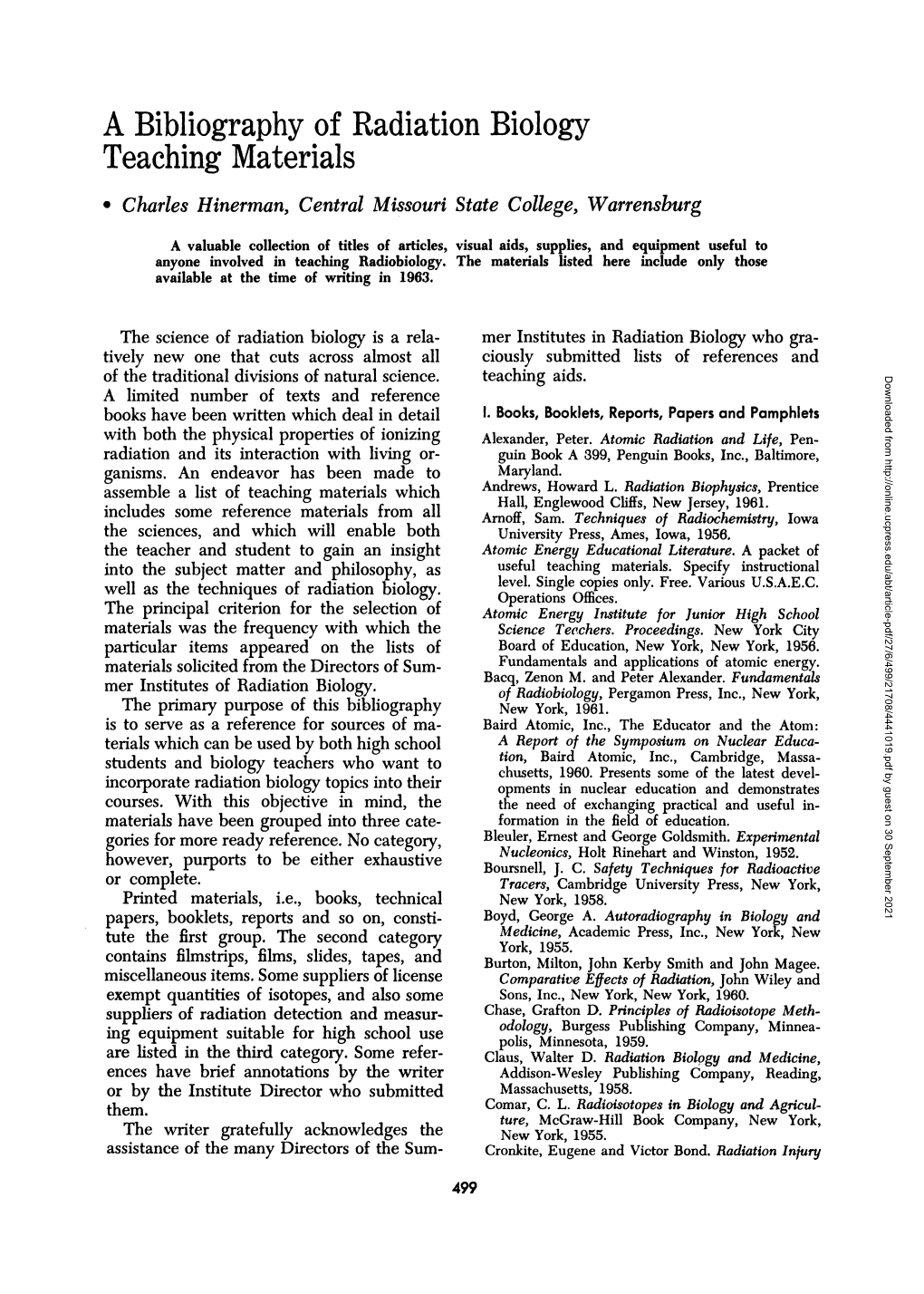 A Bibliography of Radiation Biology Teaching Materials * Charles Hinerman,Central Missouristate College, Warrensburg