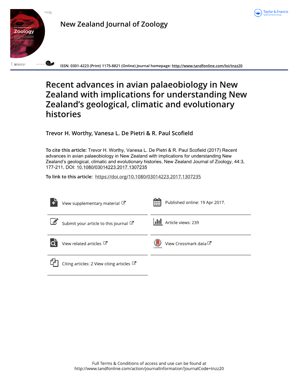 Recent Advances in Avian Palaeobiology in New Zealand with Implications for Understanding New Zealand’S Geological, Climatic and Evolutionary Histories