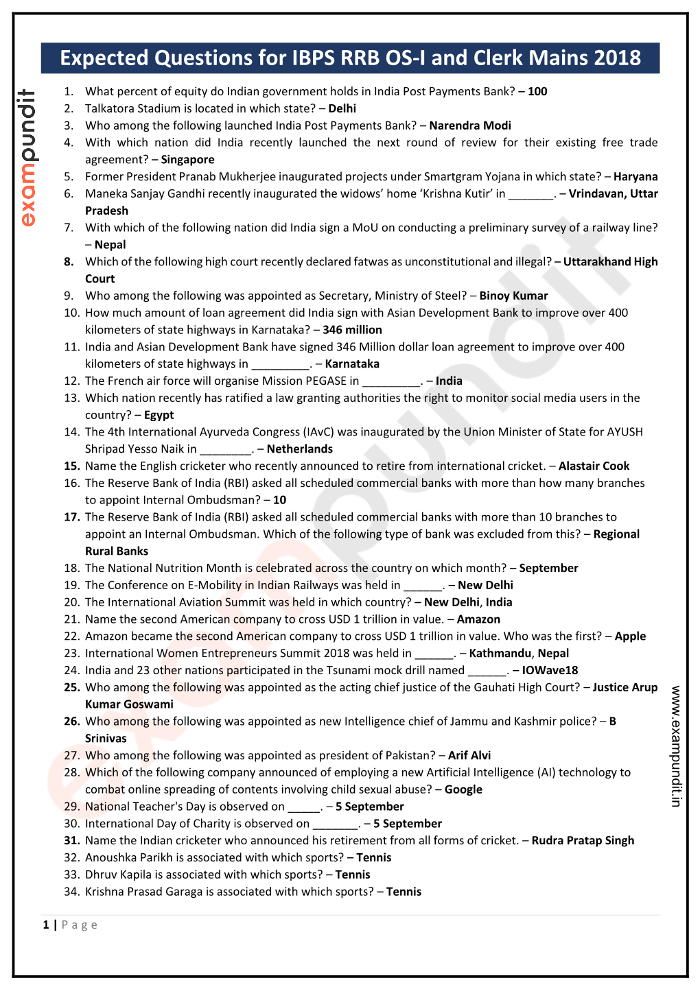 Expected Questions for IBPS RRB OS-I and Clerk Mains 2018