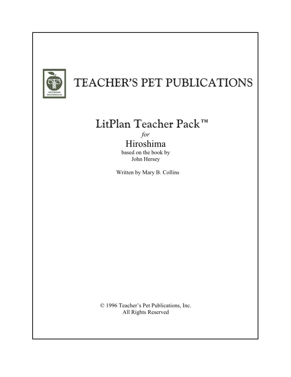 TEACHER's PET PUBLICATIONS Litplan Teacher Pack™