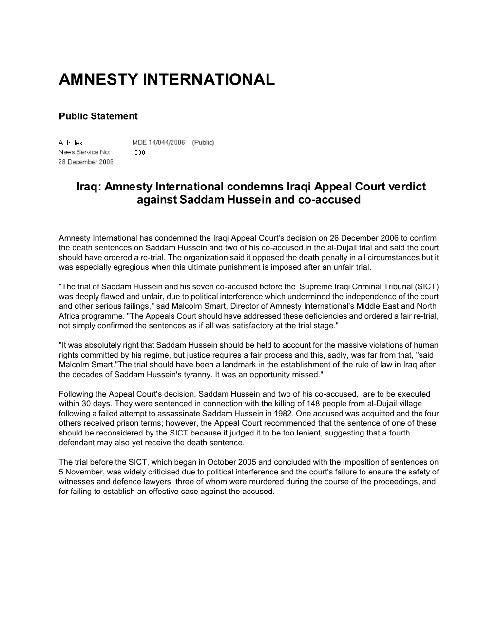 Iraq: Amnesty International Condemns Iraqi Appeal Court Verdict Against Saddam Hussein and Co-Accused