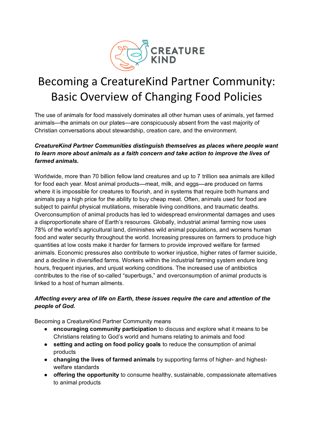 Becoming a Creaturekind Partner Community: Basic Overview of Changing Food Policies