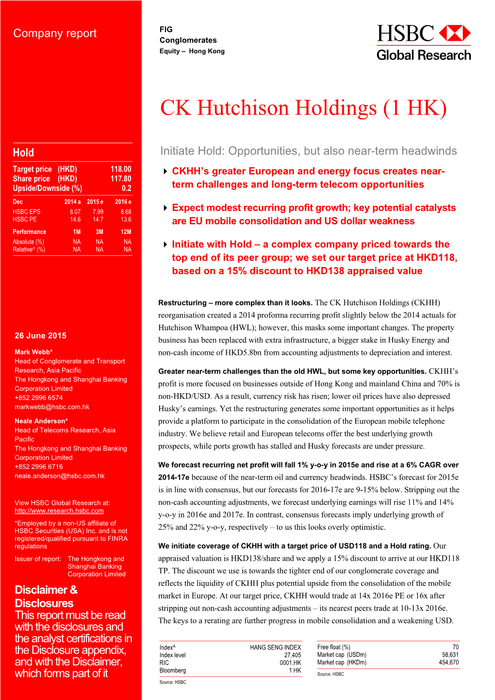 CK Hutchison Holdings (1 HK)-Initiate Hold: Opportunities, but Also Near-Term Headwinds