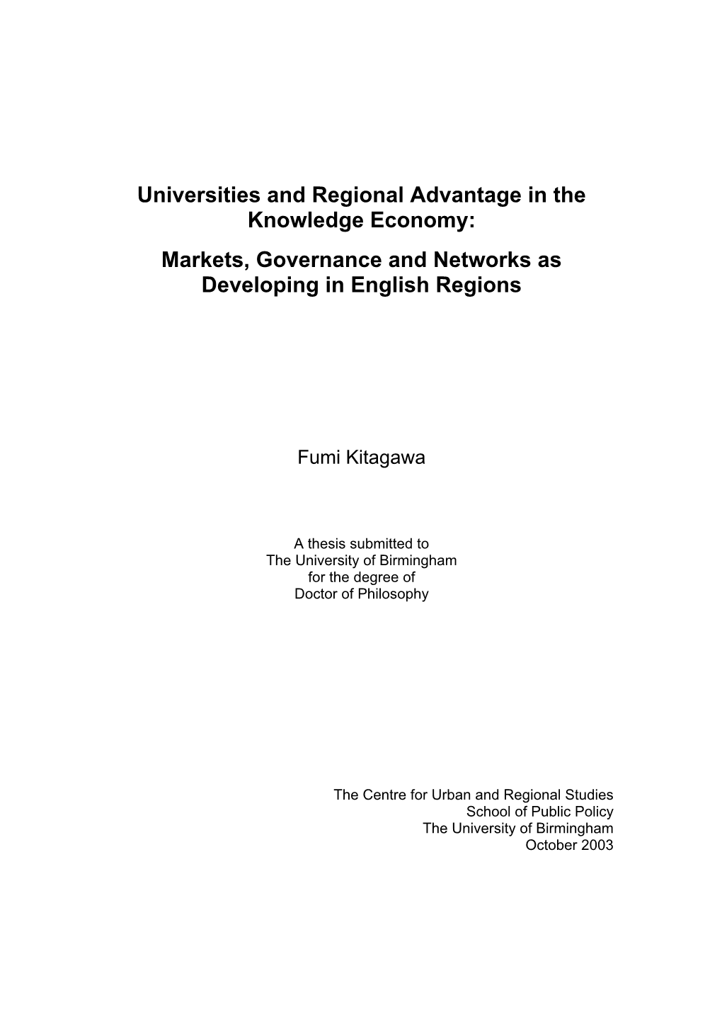 Markets, Governance and Networks As Developing in English Regions