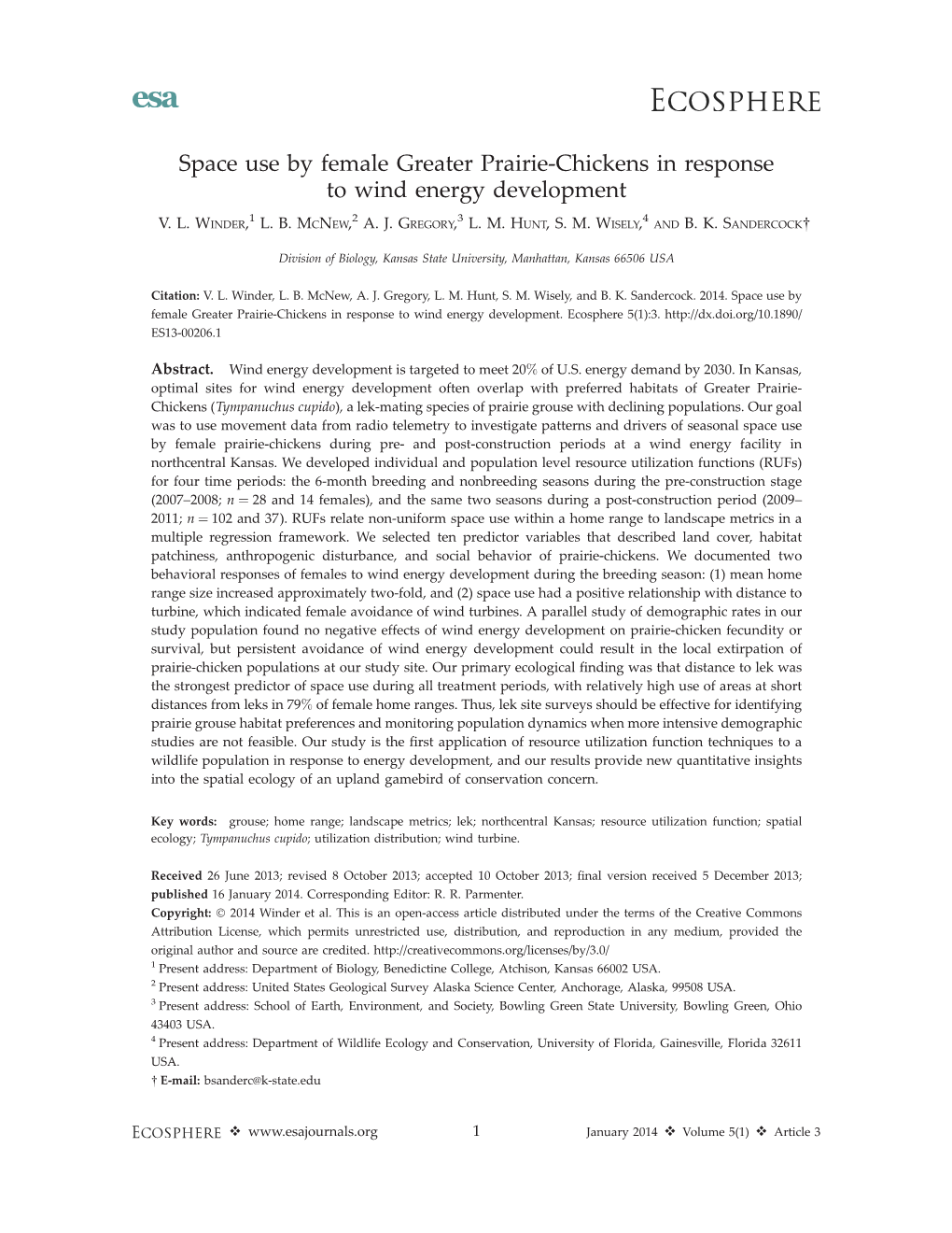 Space Use by Female Greater Prairie-Chickens in Response to Wind Energy Development 1 2 3 4 V