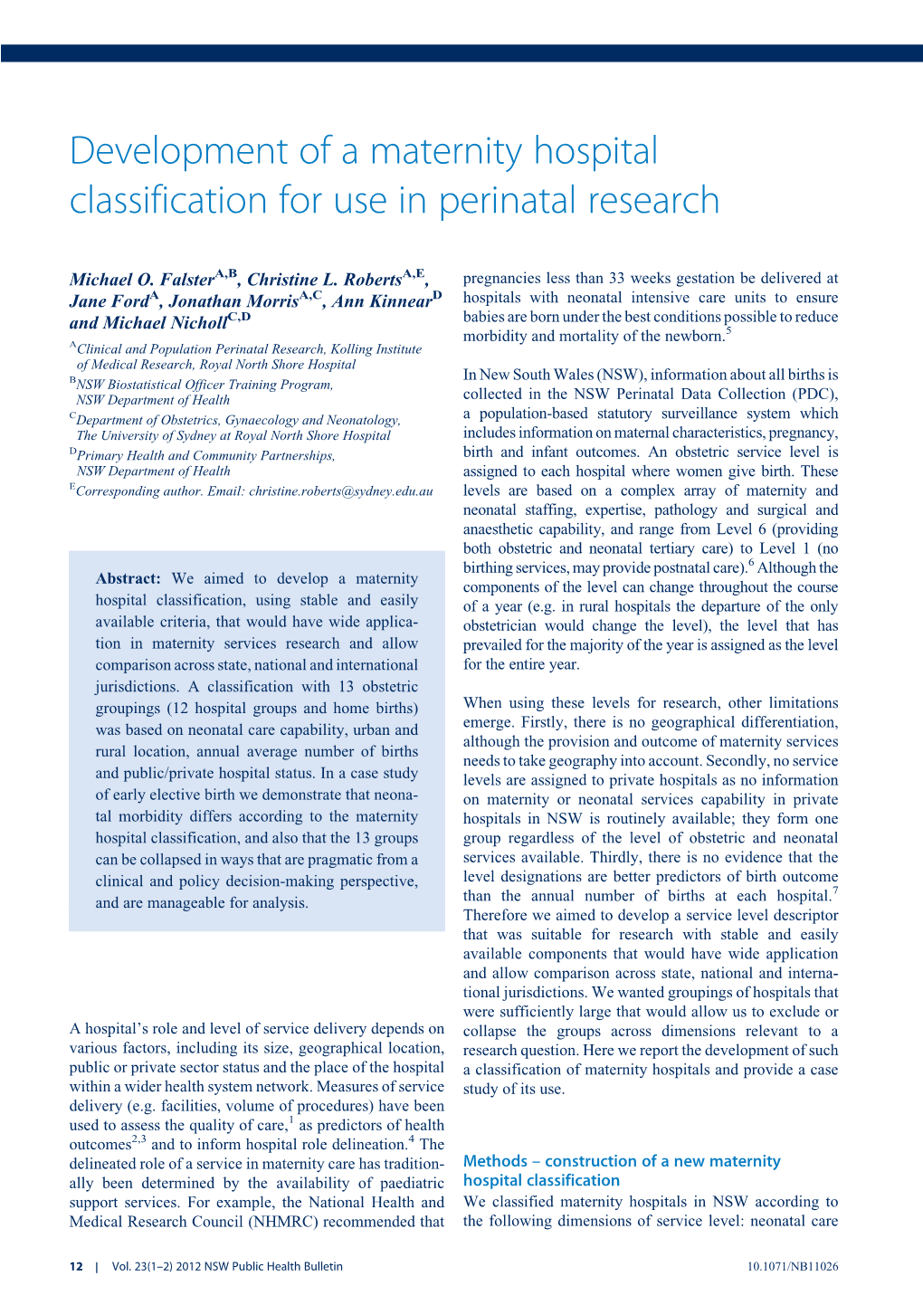 Development of a Maternity Hospital Classification for Use in Perinatal Research