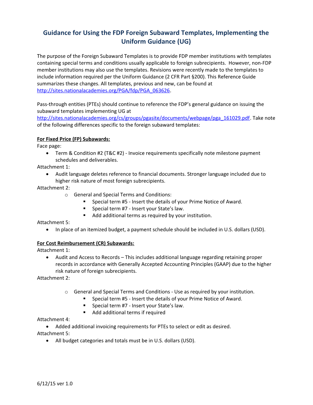 Guidance for Using the FDP Foreign Subaward Templates, Implementing the Uniform Guidance (UG)