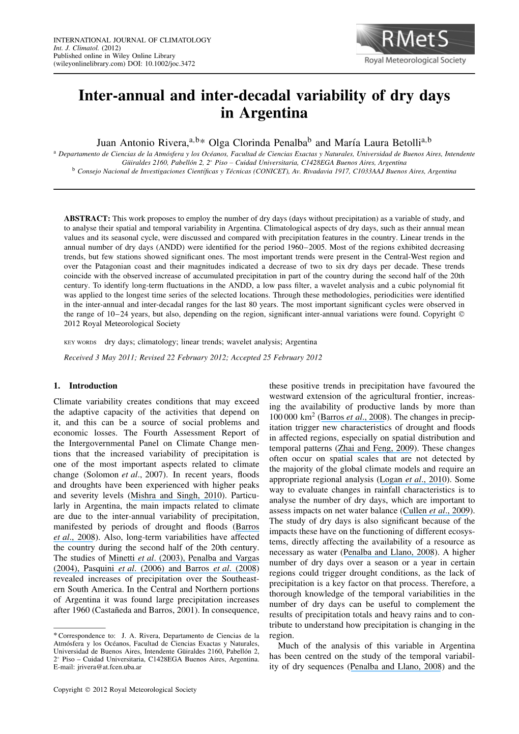 Inter-Annual and Inter-Decadal Variability of Dry Days in Argentina