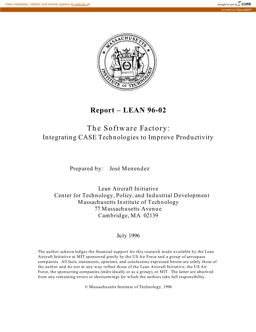 Report – LEAN 96-02 the Software Factory