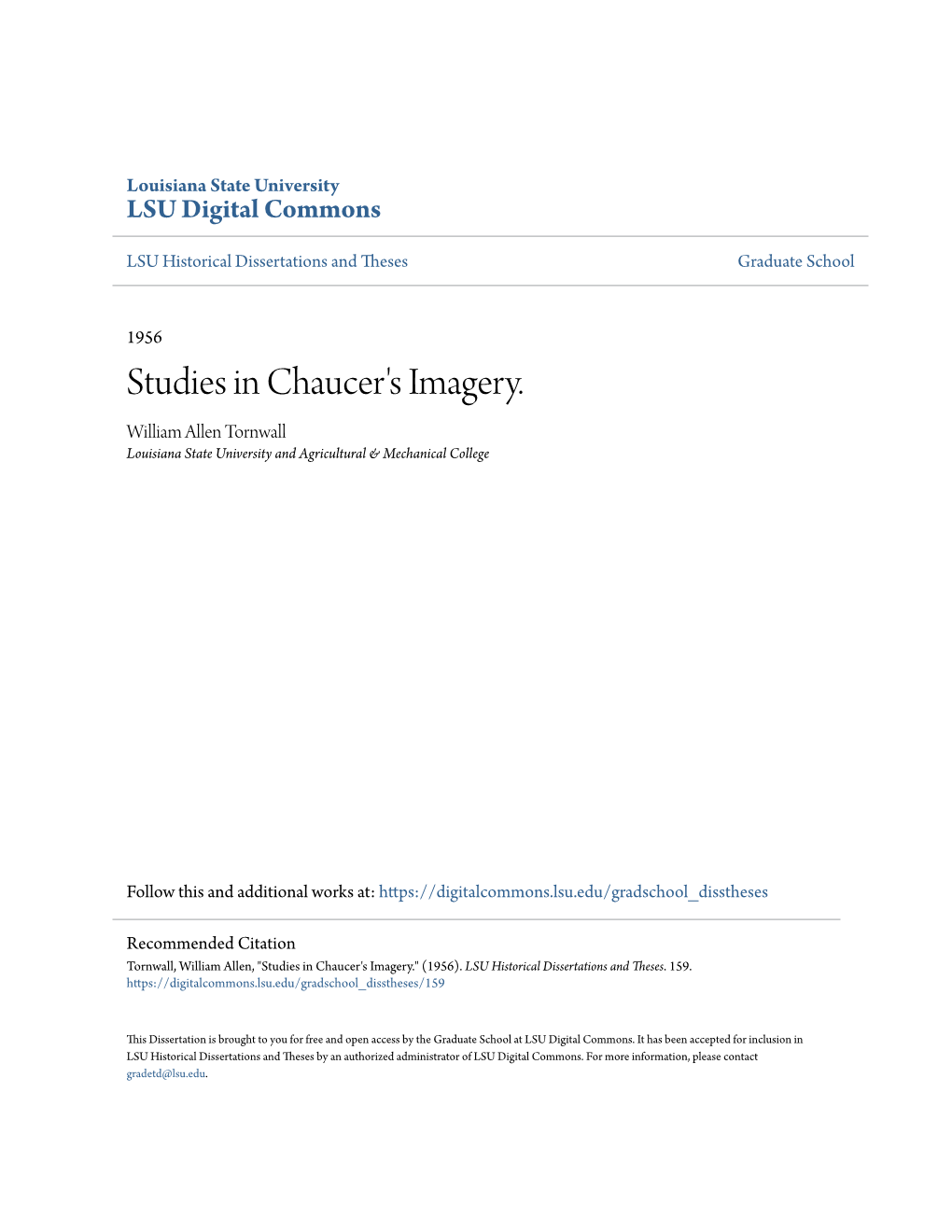 Studies in Chaucer's Imagery. William Allen Tornwall Louisiana State University and Agricultural & Mechanical College