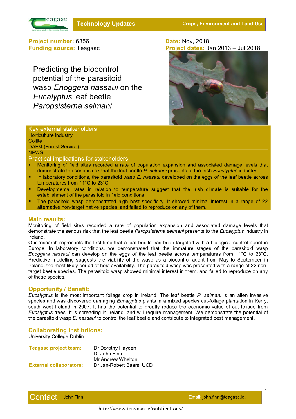 Predicting the Biocontrol Potential of the Parasitoid Wasp Enoggera Nassaui on the Eucalyptus Leaf Beetle Paropsisterna Selmani