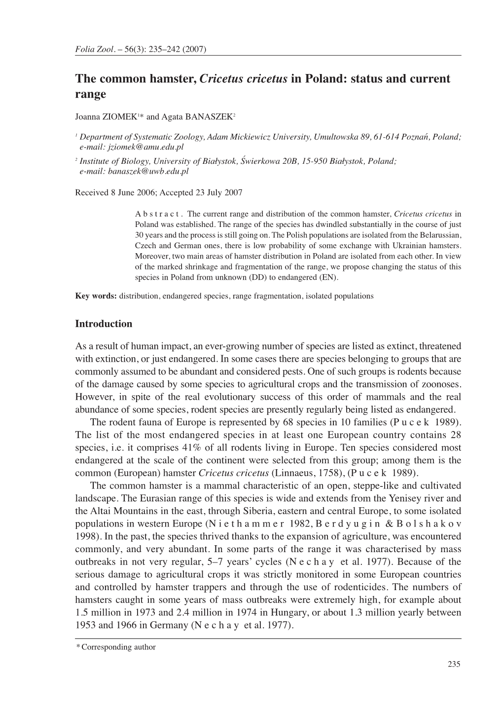 The Common Hamster, Cricetus Cricetus in Poland: Status and Current Range