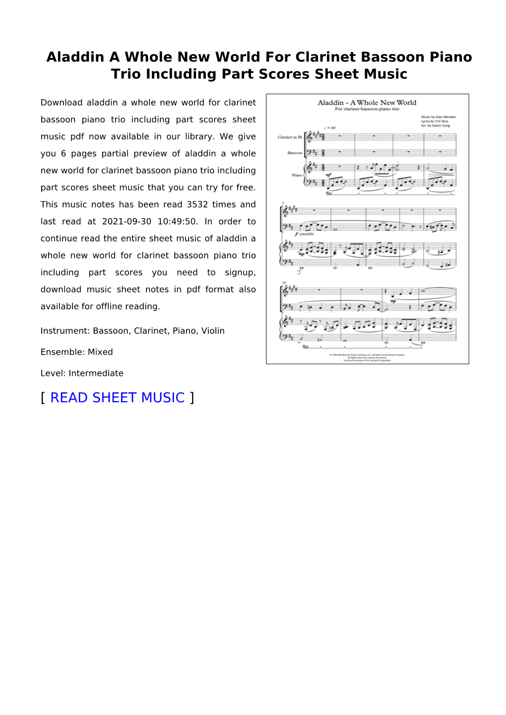 Aladdin a Whole New World for Clarinet Bassoon Piano Trio Including Part Scores Sheet Music