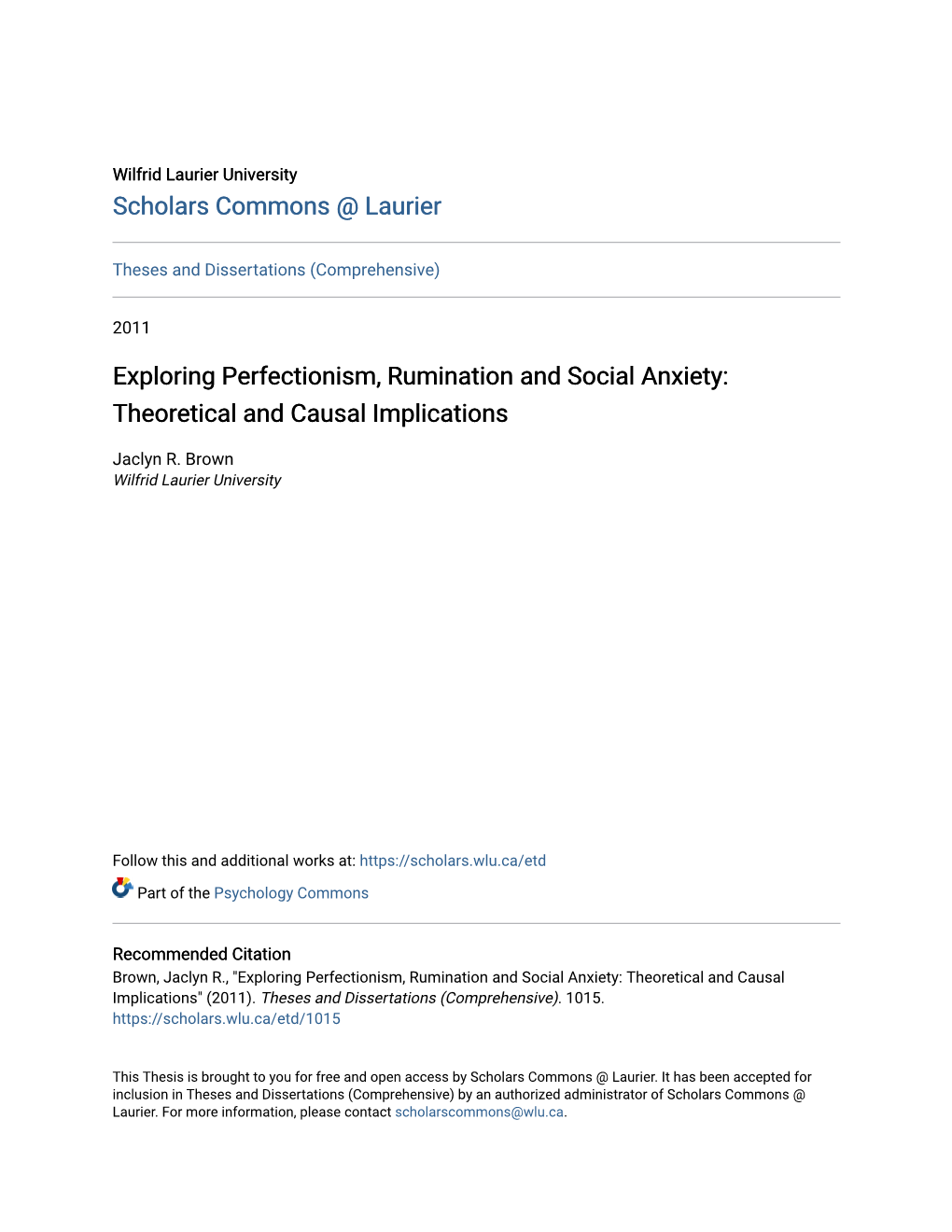 Exploring Perfectionism, Rumination and Social Anxiety: Theoretical and Causal Implications