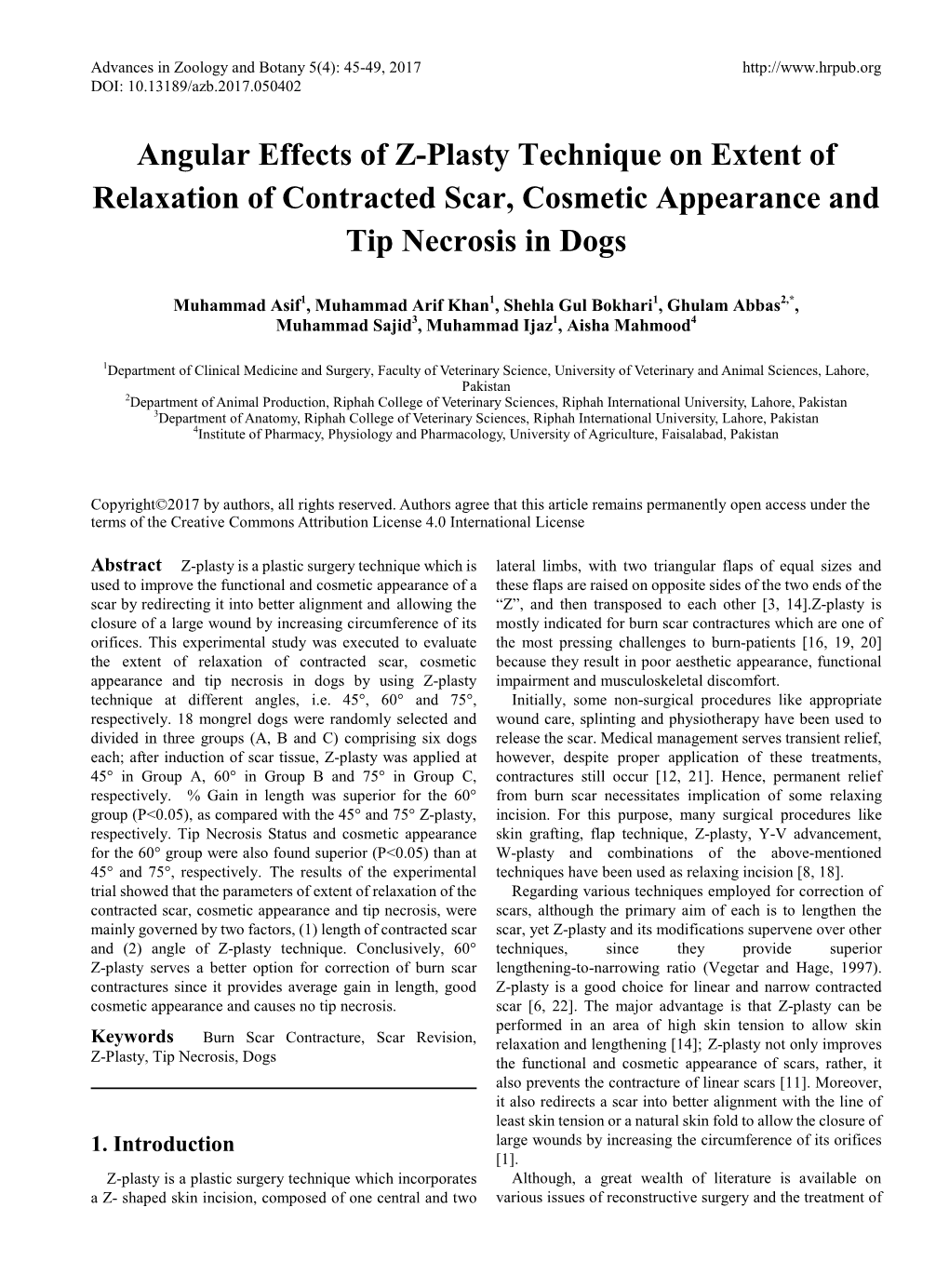Angular Effects of Z-Plasty Technique on Extent of Relaxation of Contracted Scar, Cosmetic Appearance and Tip Necrosis in Dogs