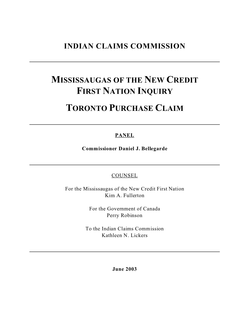 Indian Claims Commission. Mississaugas of the New Credit