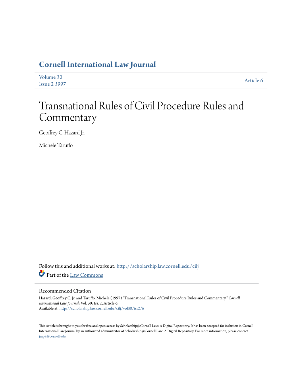 Transnational Rules of Civil Procedure Rules and Commentary Geoffrey C