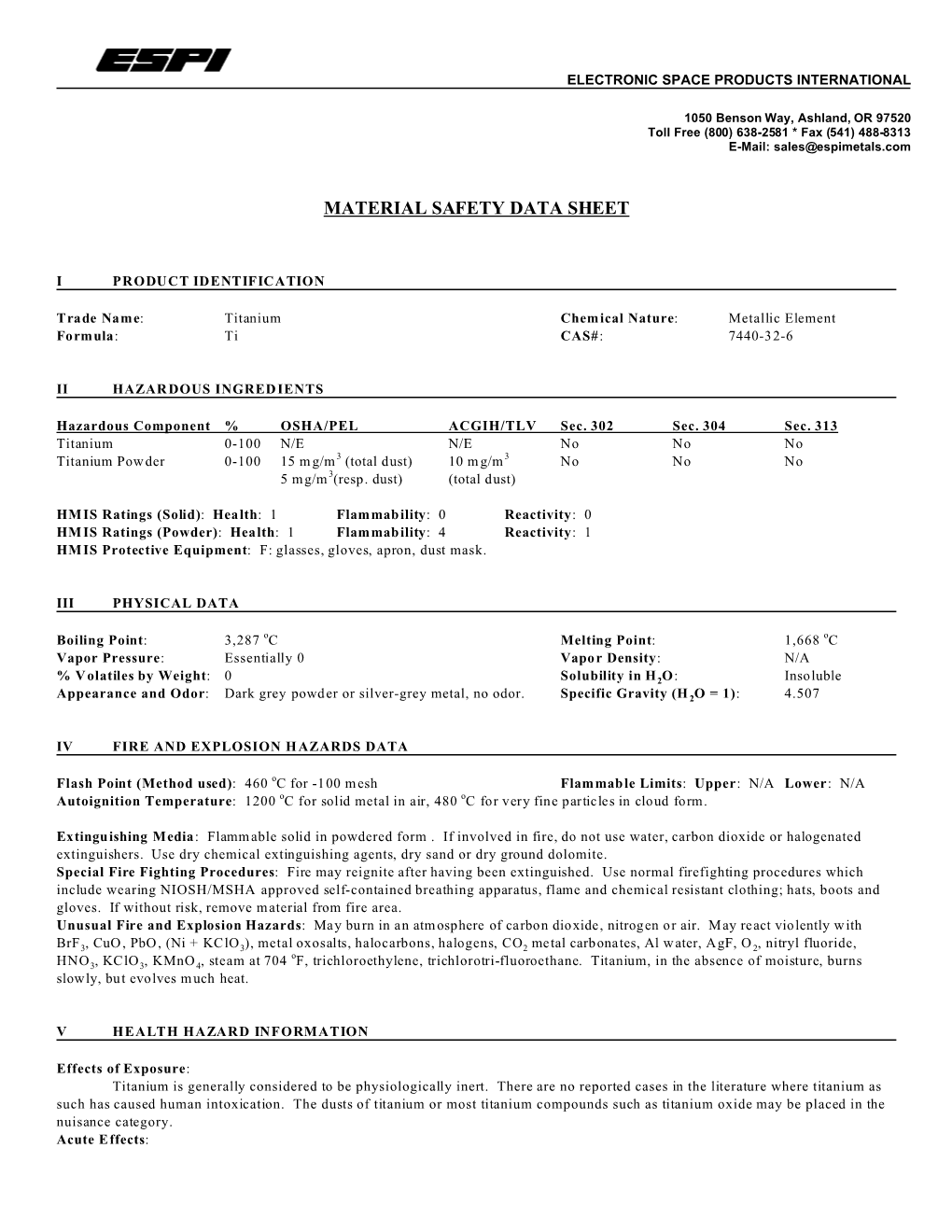 Material Safety Data Sheet