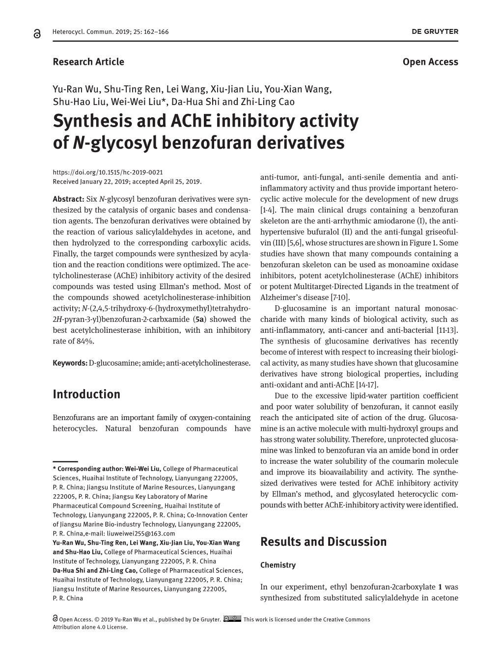 Synthesis and Ache Inhibitory Activity of N-Glycosyl Benzofuran Derivatives