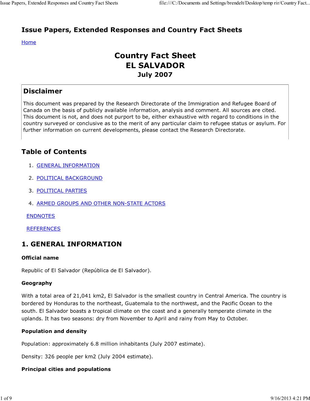 Country Fact Sheet EL SALVADOR July 2007