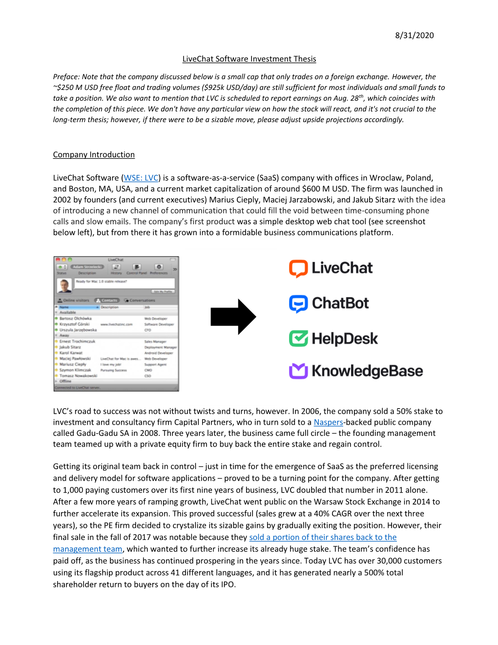 8/31/2020 Livechat Software Investment Thesis Company